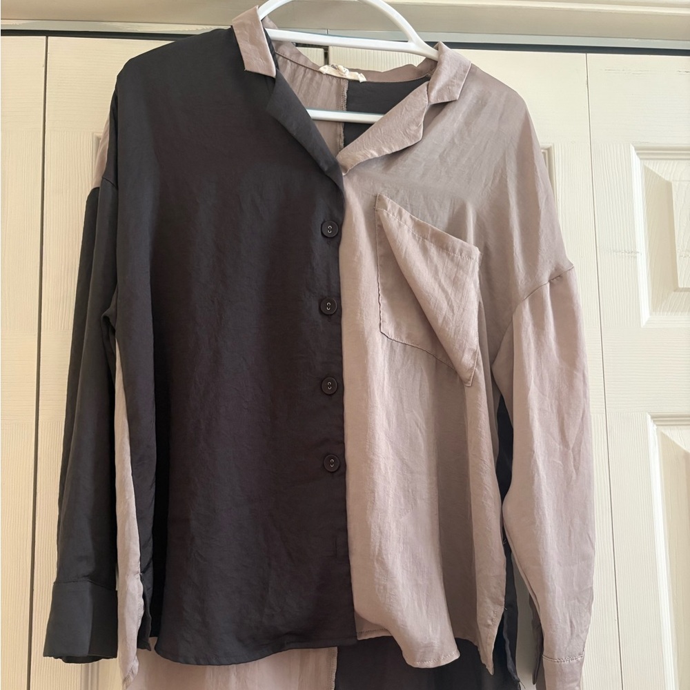Two-Tone Button-Up Shirt in Black and Taupe